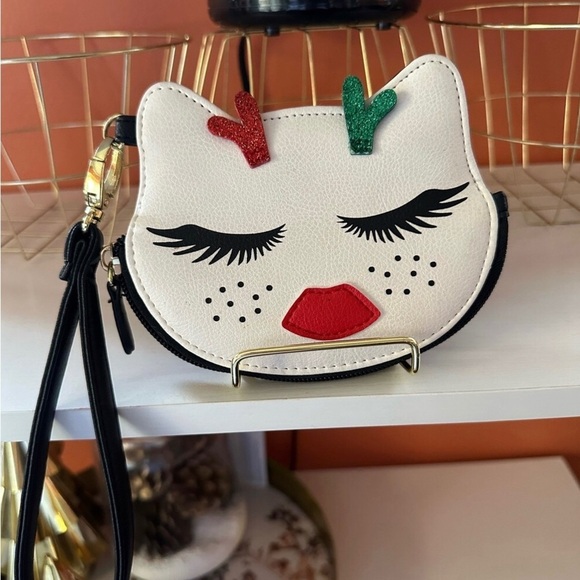 Betsy Johnson Luv Glam Reindeer Kitty Wristlet / Coin Purse, White, Black